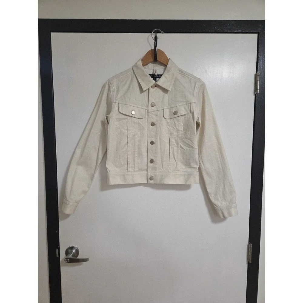 Ralph Lauren Womens Cropped Denim Jacket Cream Ivory Button Front Chic Minimal 8 - Picture 1 of 11
